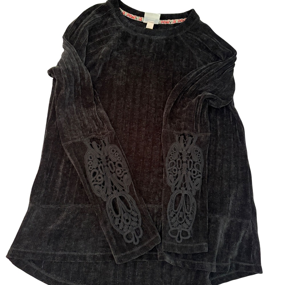 Knox Rose Large Crochet Lace Sleeve Ribbed Chenille Boho Pullover Top Black